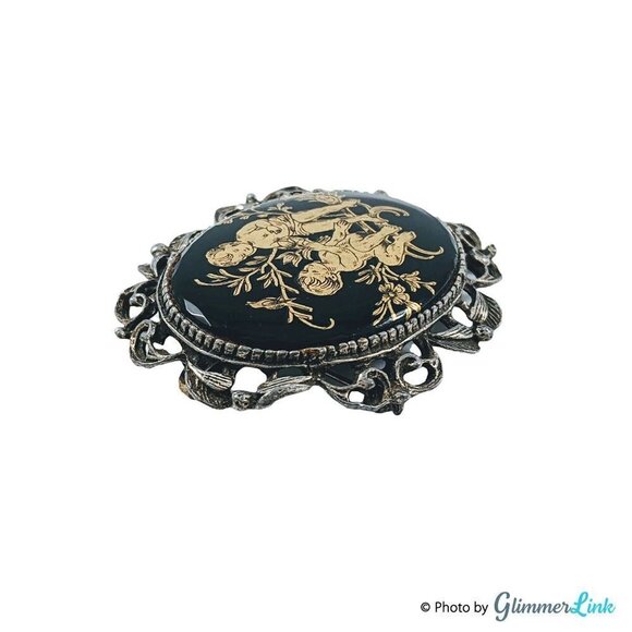 Vintage Two Boys Garden Oval Black & Gold Enamel Silver Tone Brooch Pendant - Picture 4 of 9